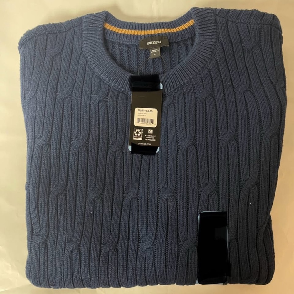 Express Men's Navy Cable Knit Crewneck Sweater